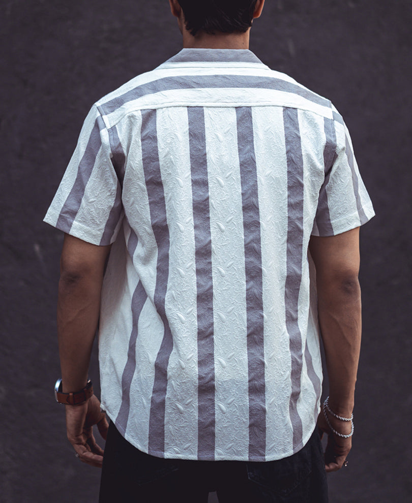 White and Grey Structured Striped Cuban Collar Shirt