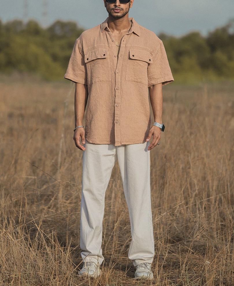 Camel Waffle Structured Oversized Double Pocket Half Sleeves Shirt