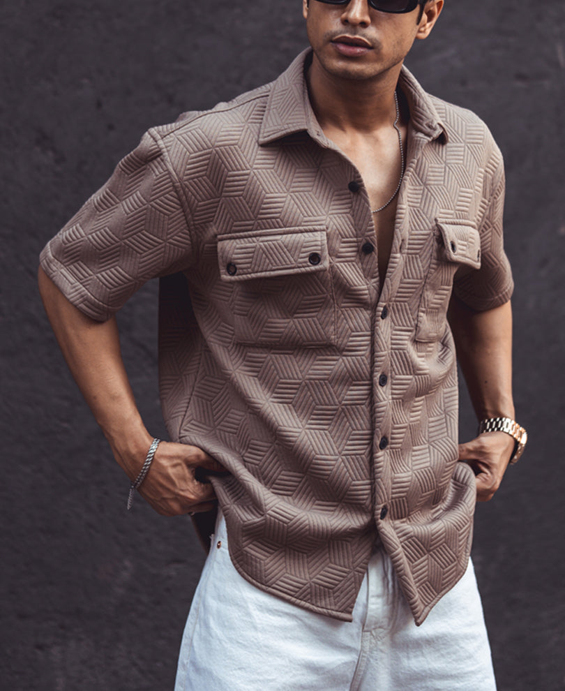 Brown Structured Double Pocket Oversized Half Sleeves Shirt
