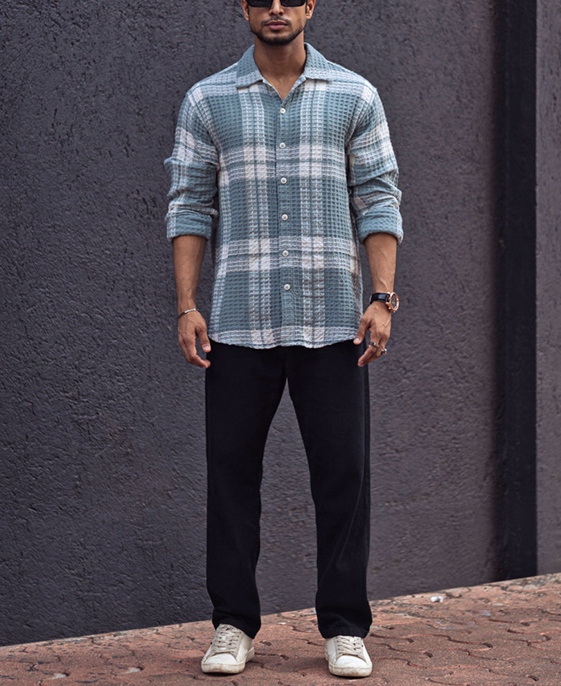 Sky Grey Waffle Checked Regular fit Full Sleeves Shirt