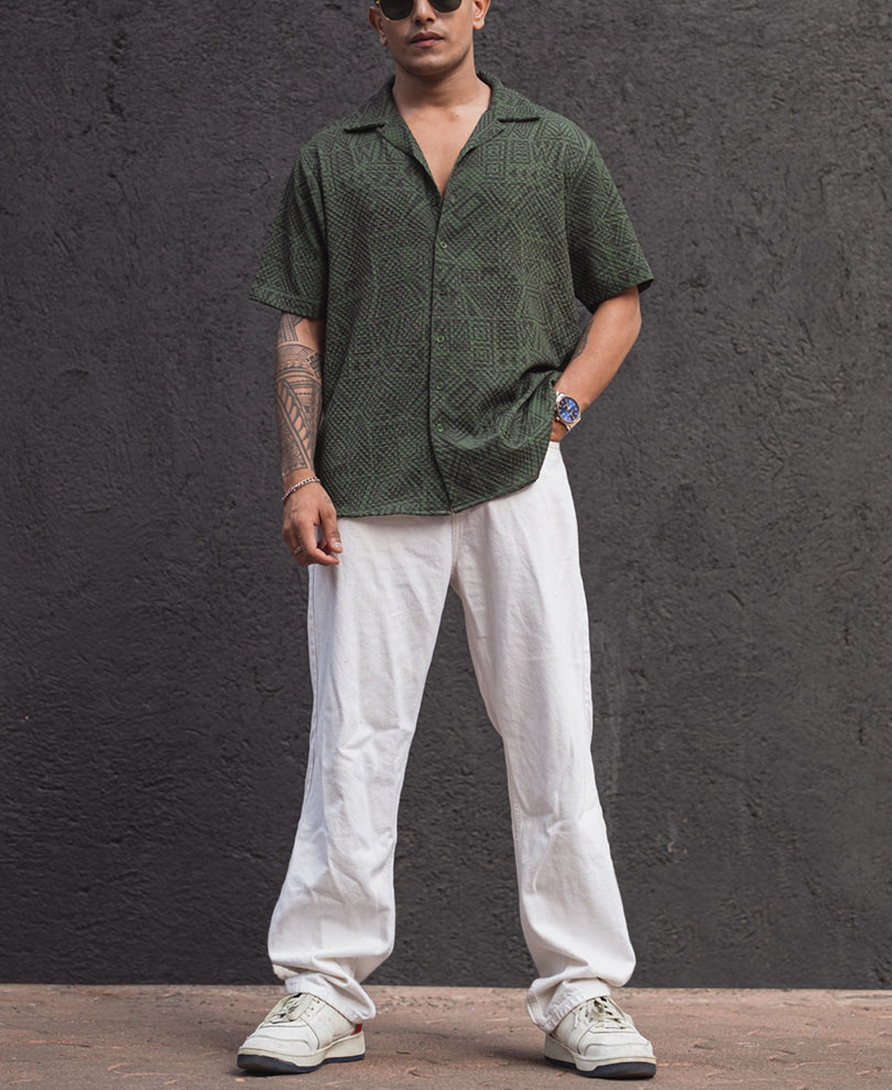 Green Structured Printed Regular fit Half Sleeves Shirt