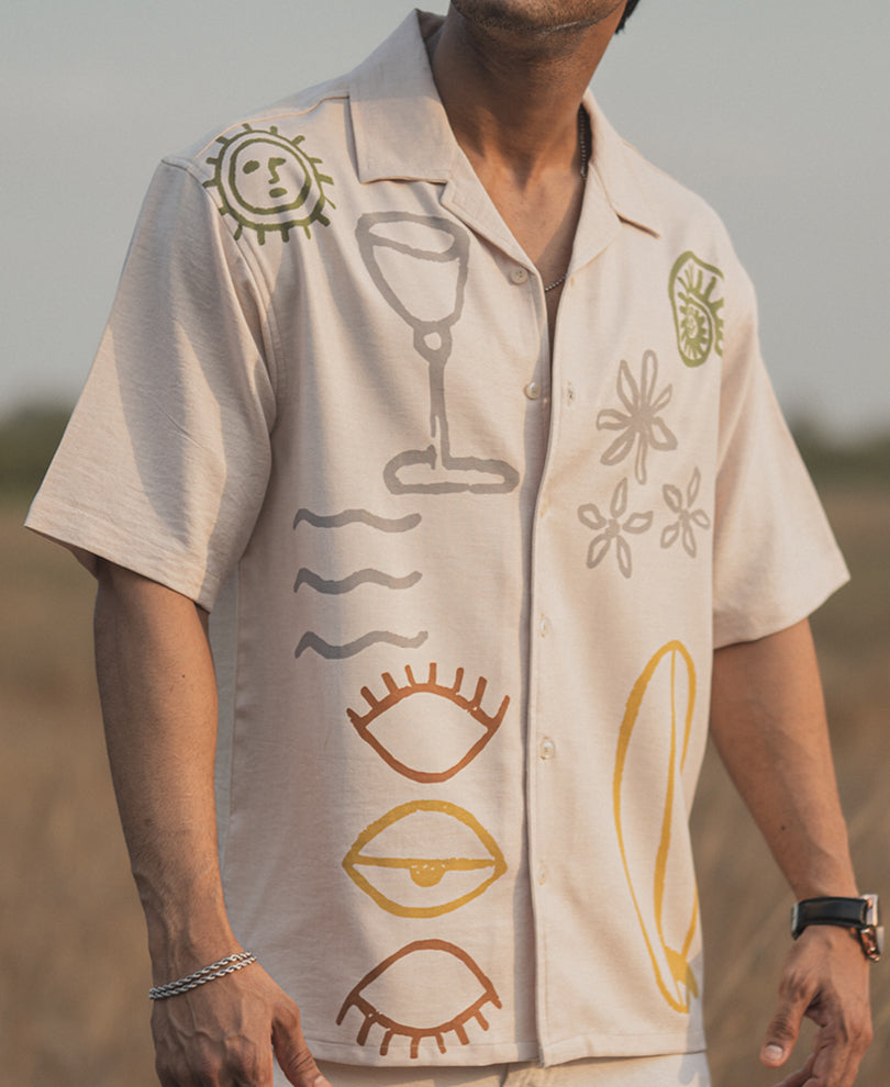 Beige Structured Printed Oversized Half Sleeves Shirt