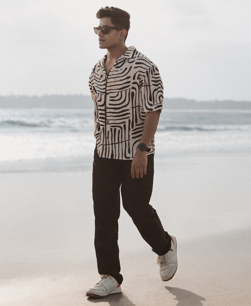 Off White and Black Printed Oversized Half Sleeves Shirt