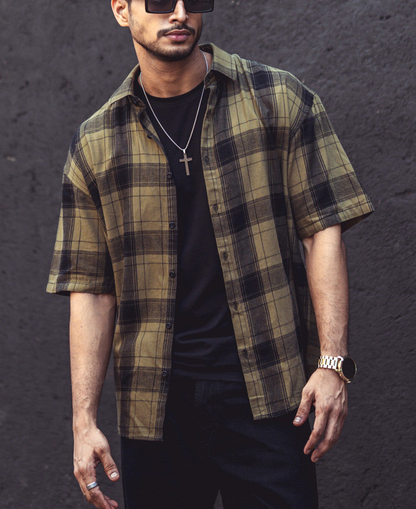 Olive Green Checks Print Half Sleeves Shirt