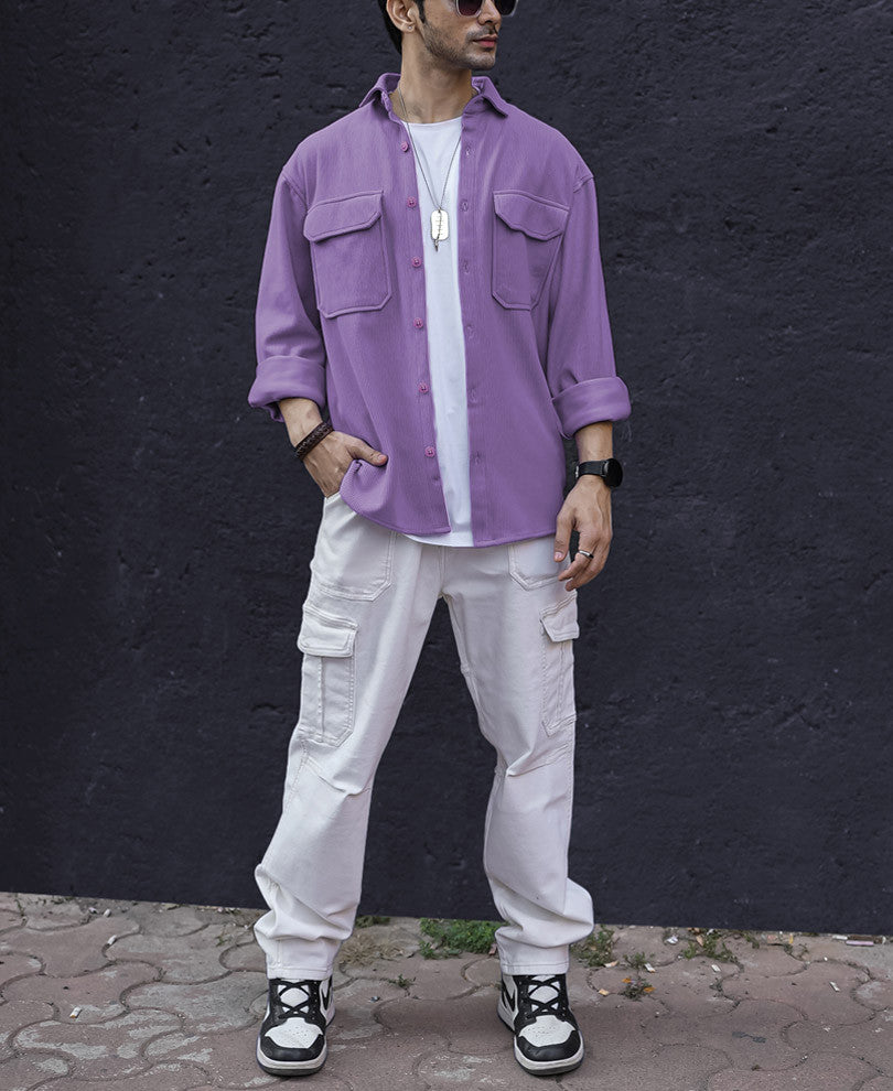 Purple Chest Pocket Shacket Oversize Drop Shoulder Shirt