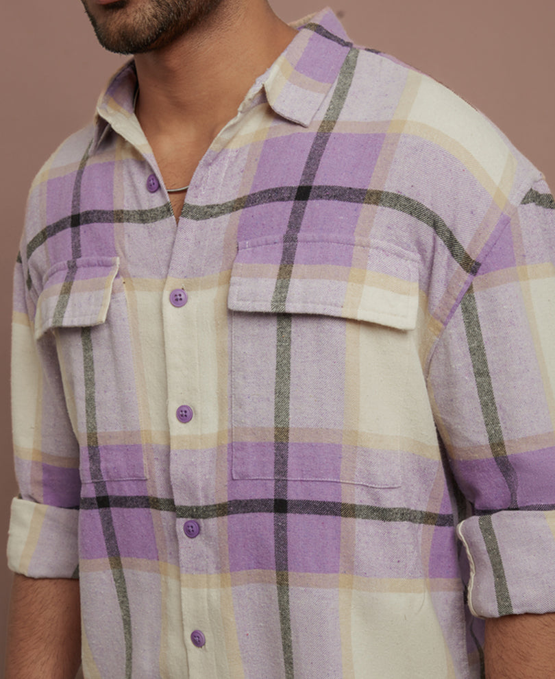 Purple and White Checks Oversize Drop Shoulder Shirt