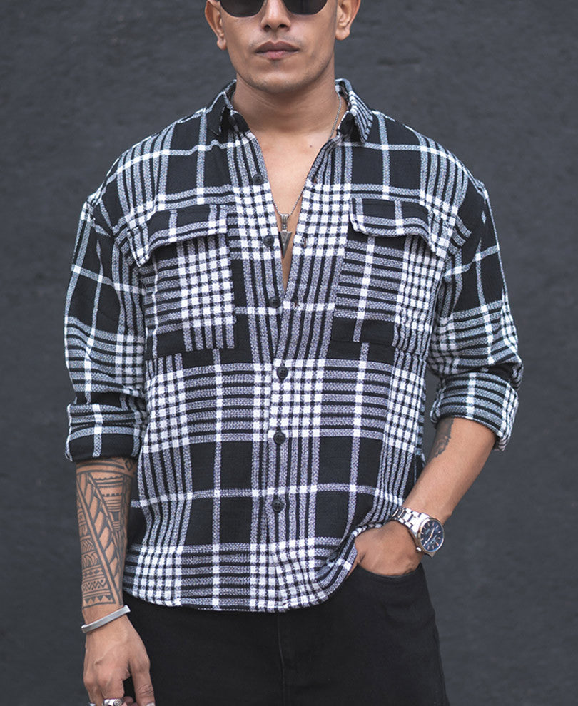 Black Plaid Checks Oversize Drop Shoulder Shirt