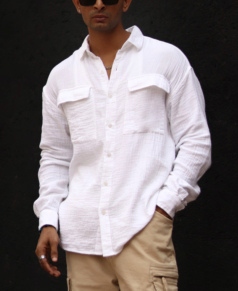 White Textured Oversize Drop Shoulder Shirt