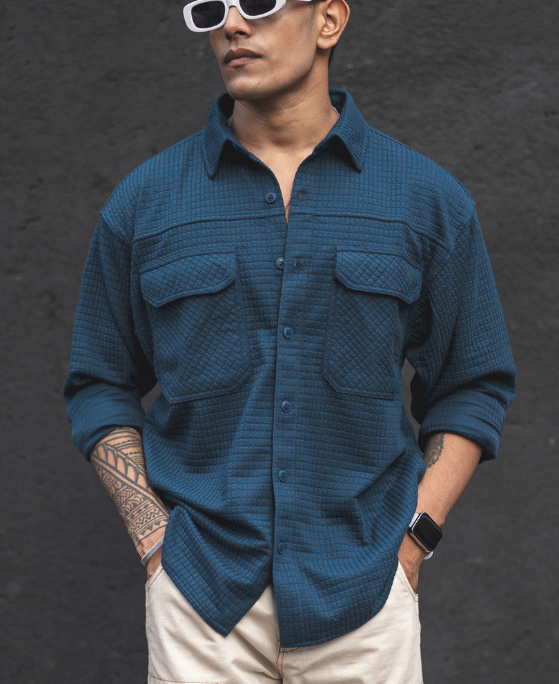 Teal Blue Structured Knit Shacket Oversized Shirt