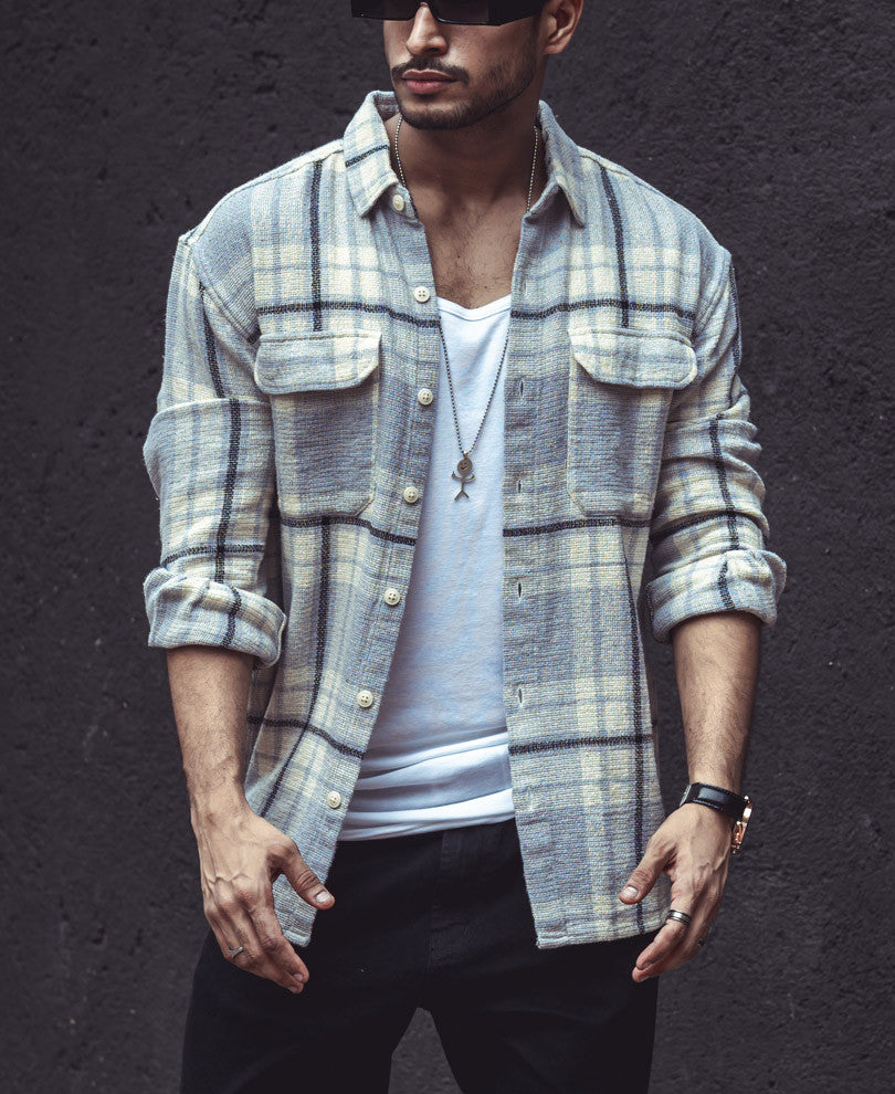 Light Grey Structured Checks Shacket Oversize Drop Shoulder Shirt