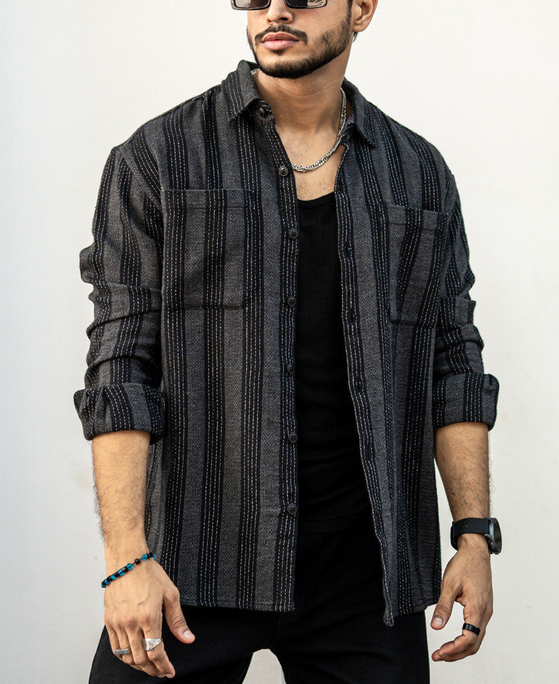 Charcoal Black Striped Structured Oversized Shirt