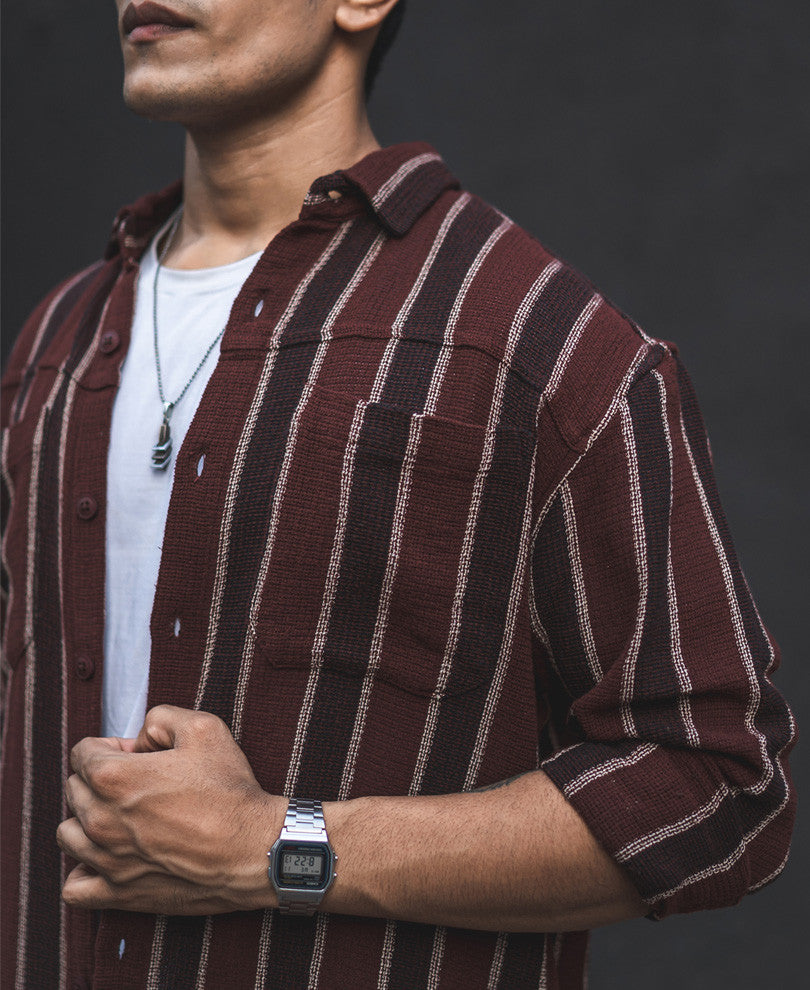 Brown and Maroon Structured Striped Oversized Shirt