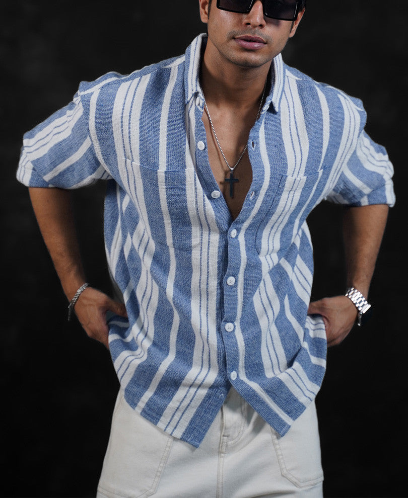 White and Blue Structured Striped Oversized Shirt