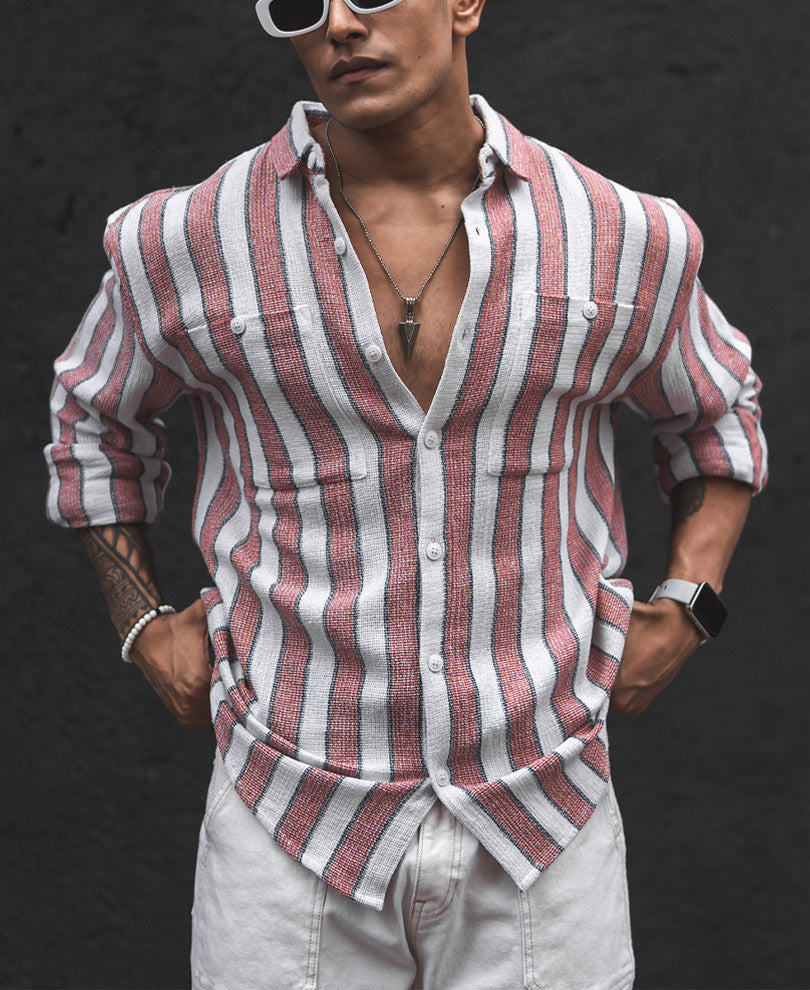 Peach Structured Striped Oversized Shirt