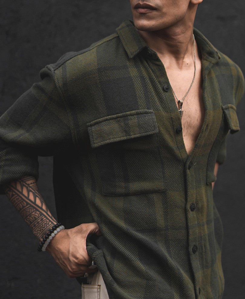 Olive Green Structured Flannel Checks Shacket Oversized Shirt