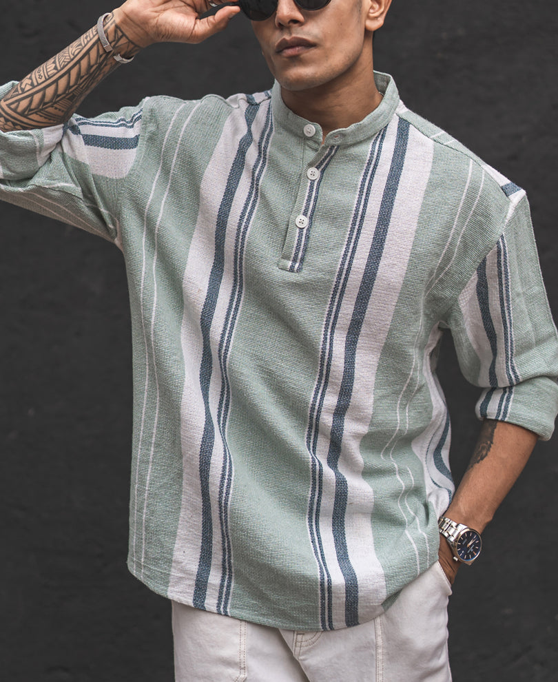 Pista Green Structured Striped Kurta Style Oversized Shirt