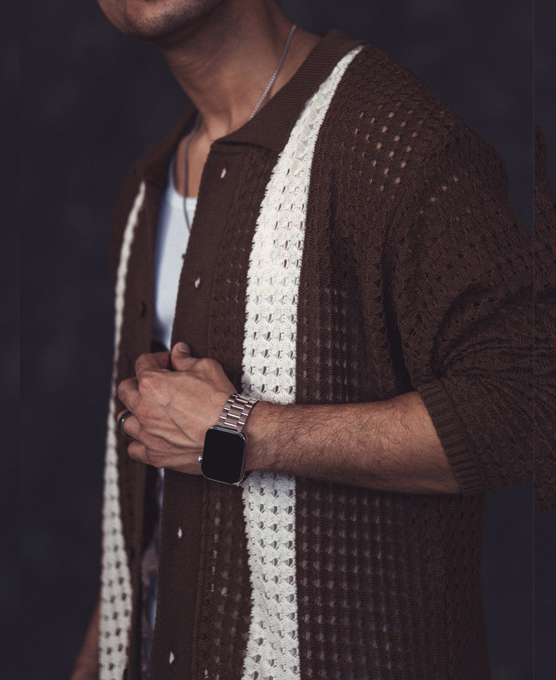 Brown and White Crochet Knit Striped Oversized Shirt