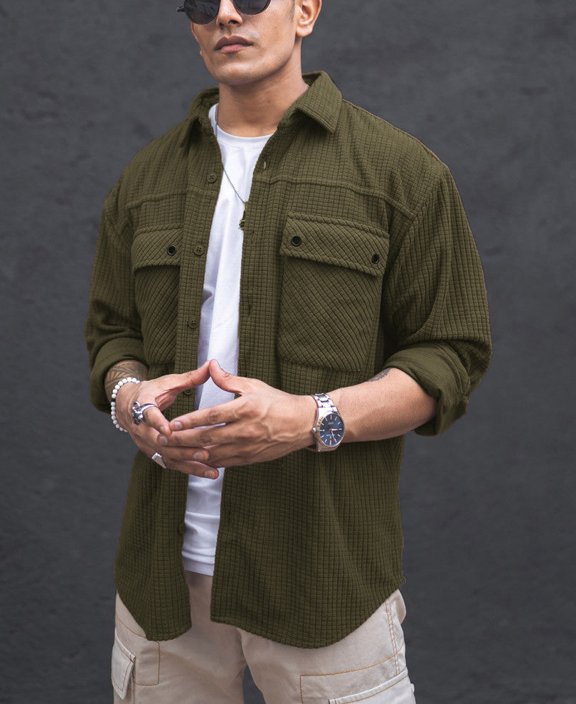 Olive Green Structured Knit Oversized Shirt