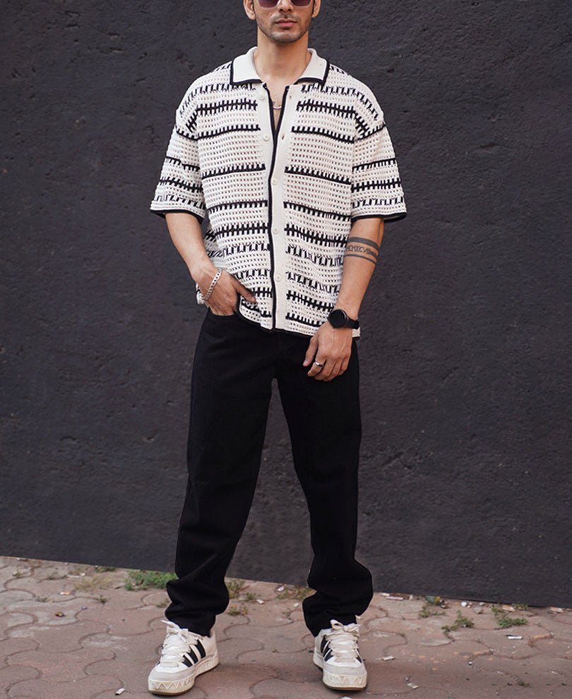 White and Black Crochet Knit Oversized Half Sleeves Shirt