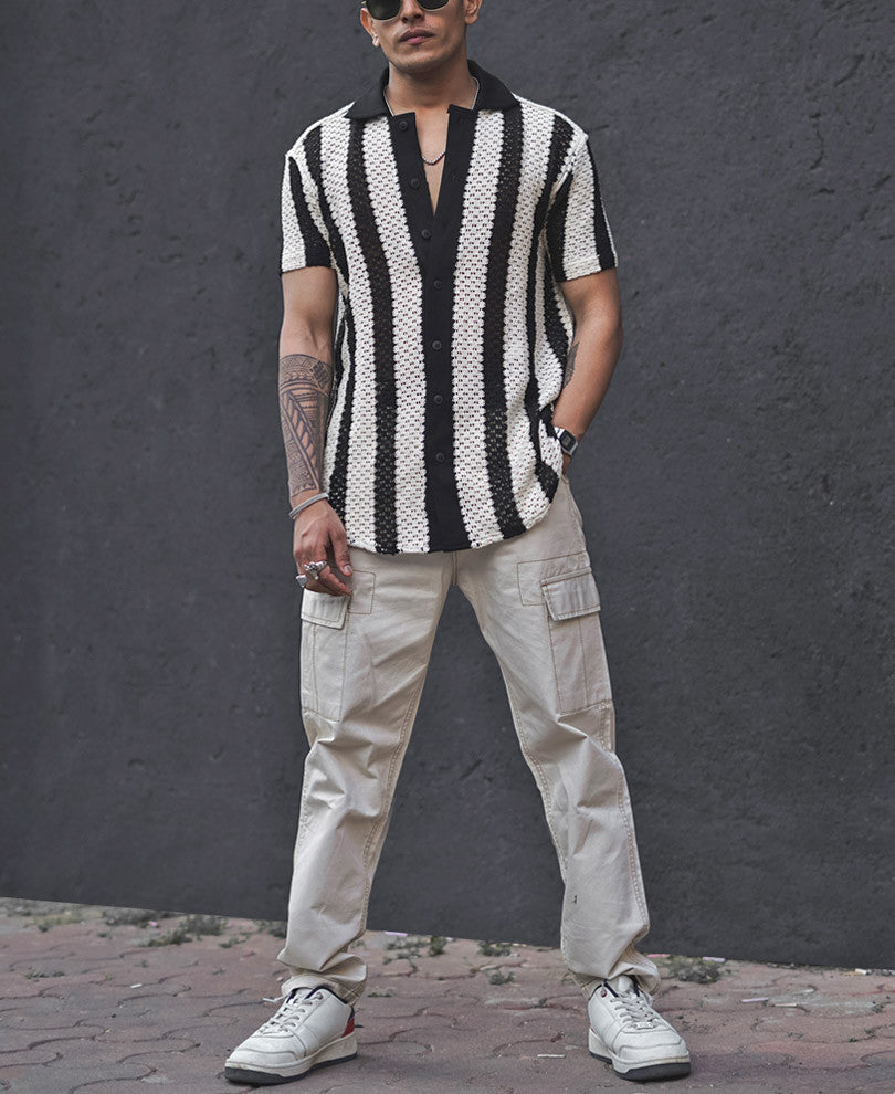 Black and White Crochet Knit Striped Shirt