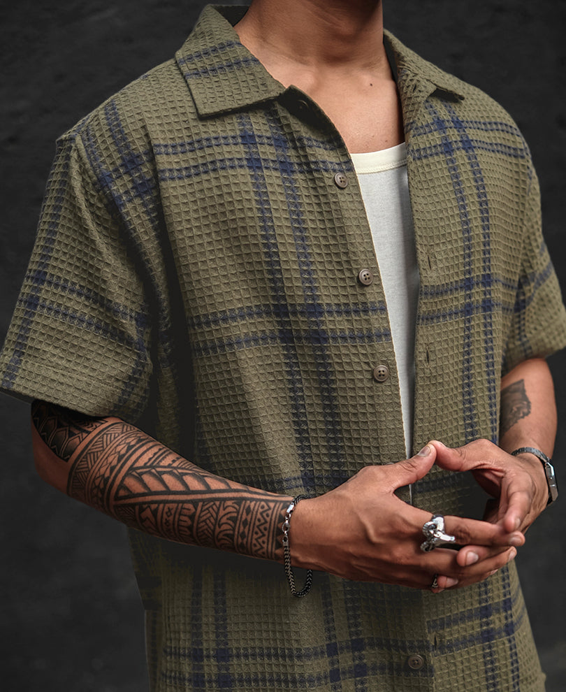 Olive Green Structured Checks Half Sleeves Shirt