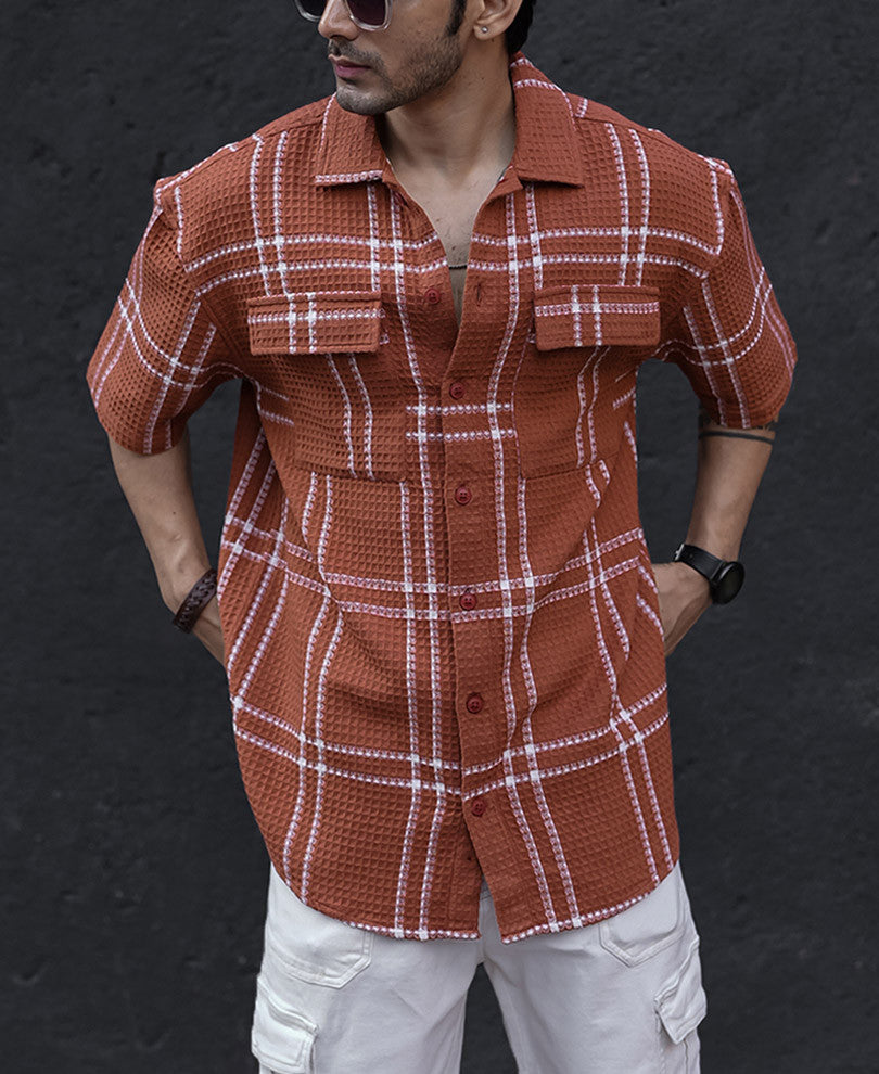 Orange Structured Checks Oversized Half Sleeves Shirt