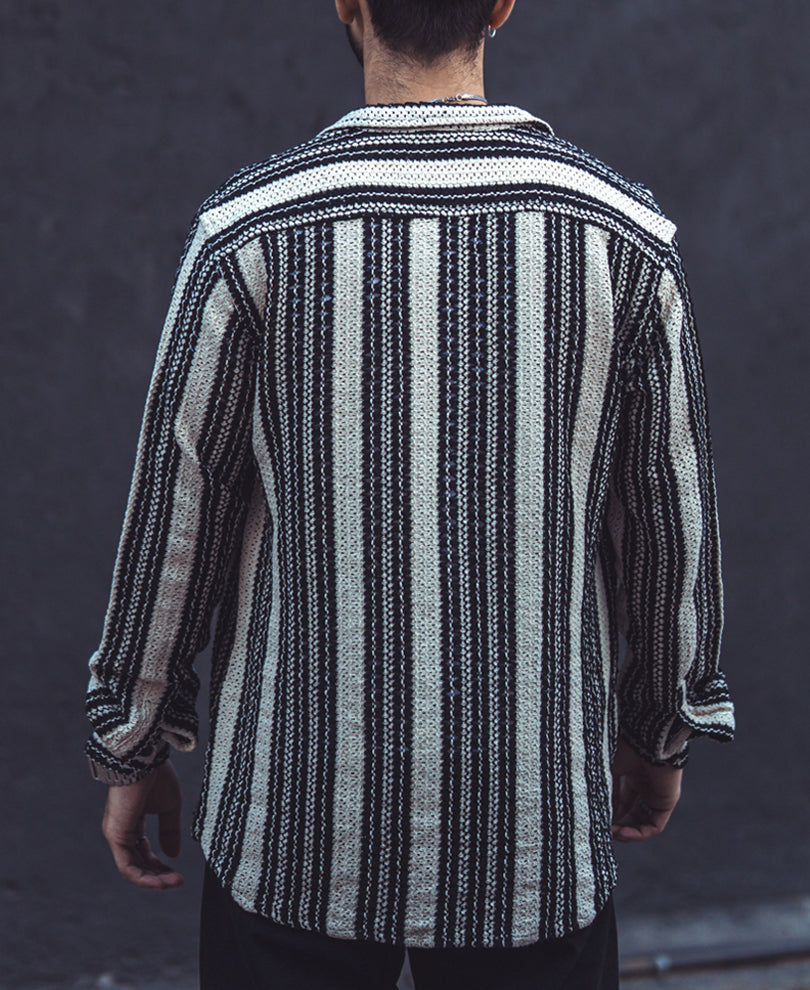 Black and White Crochet Knit Striped Full Sleeves Shirt