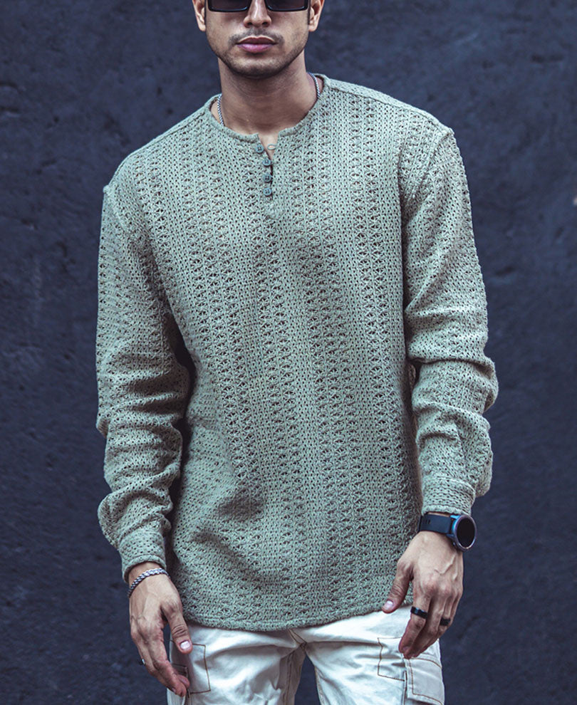 Green Crochet Knit Oversized Kurta Style Shirt