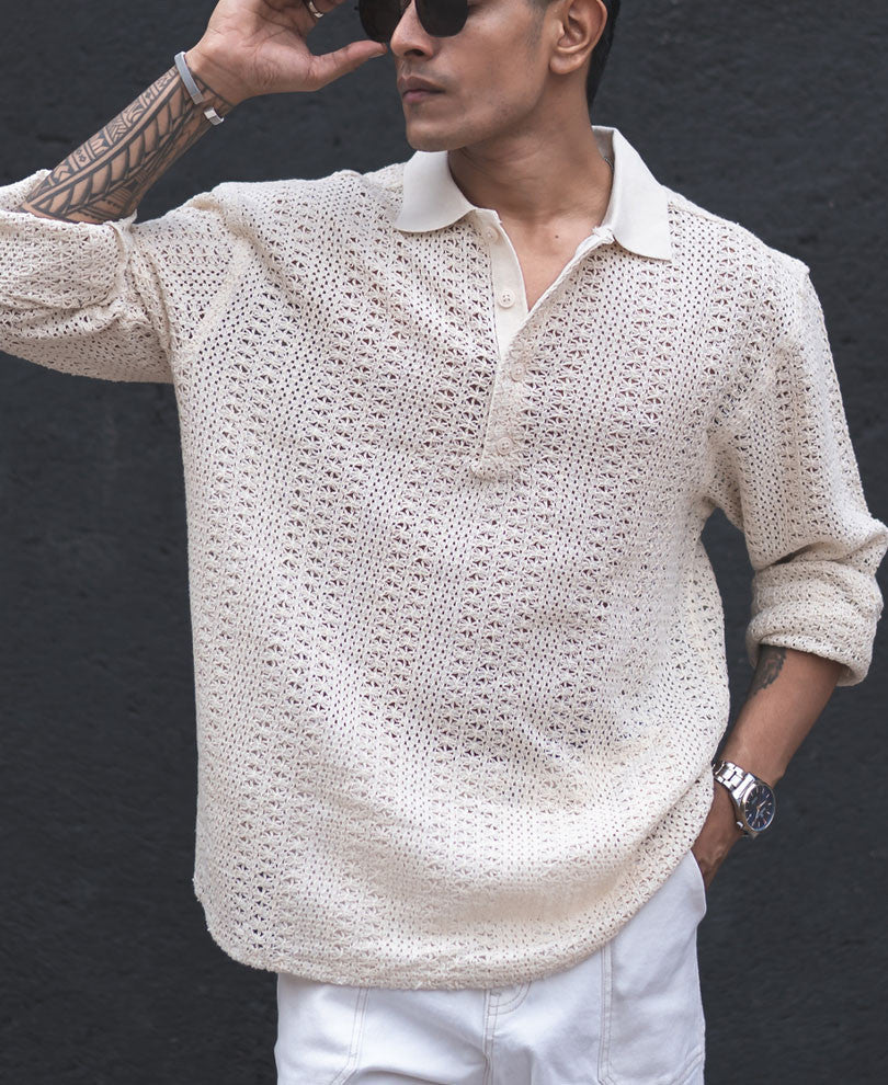 Light Cream Crochet Knit Oversized Kurta Style Shirt
