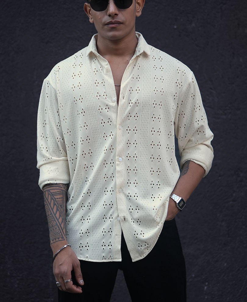 Cream Structured Crochet Knit Oversized Shirt