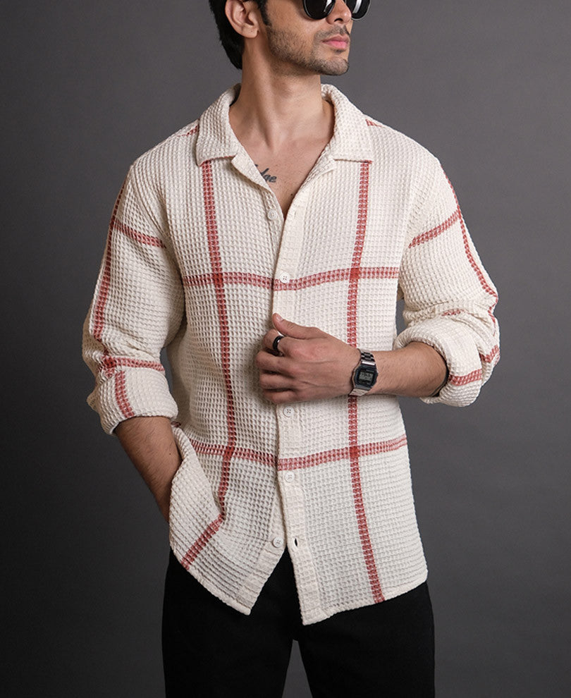 Off White Structured Checks Full Sleeves Shirt