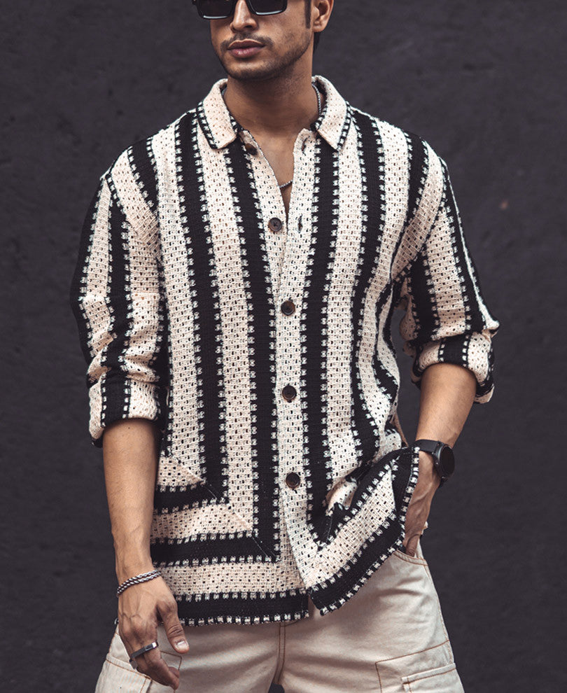 Black and White Crochet Knit Striped Oversized Shirt