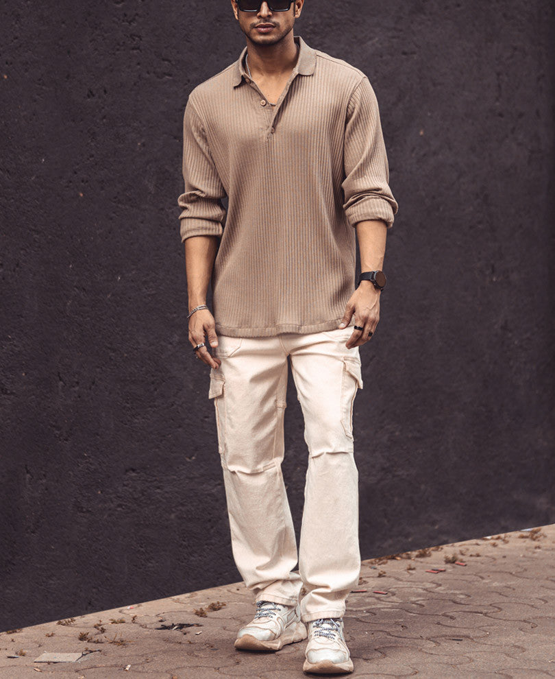 Beige Rib-Knit Full Sleeves T-Shirt