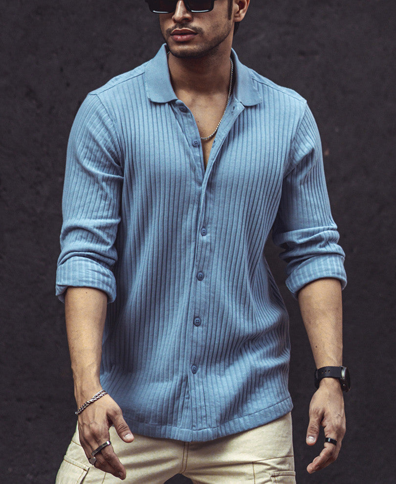 Sky Grey Rib-Knit Full Sleeves Shirt