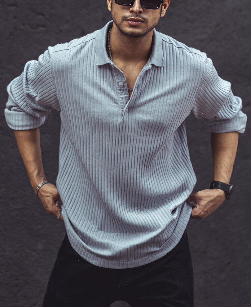 Light Grey Rib-Knit Full Sleeves T-Shirt