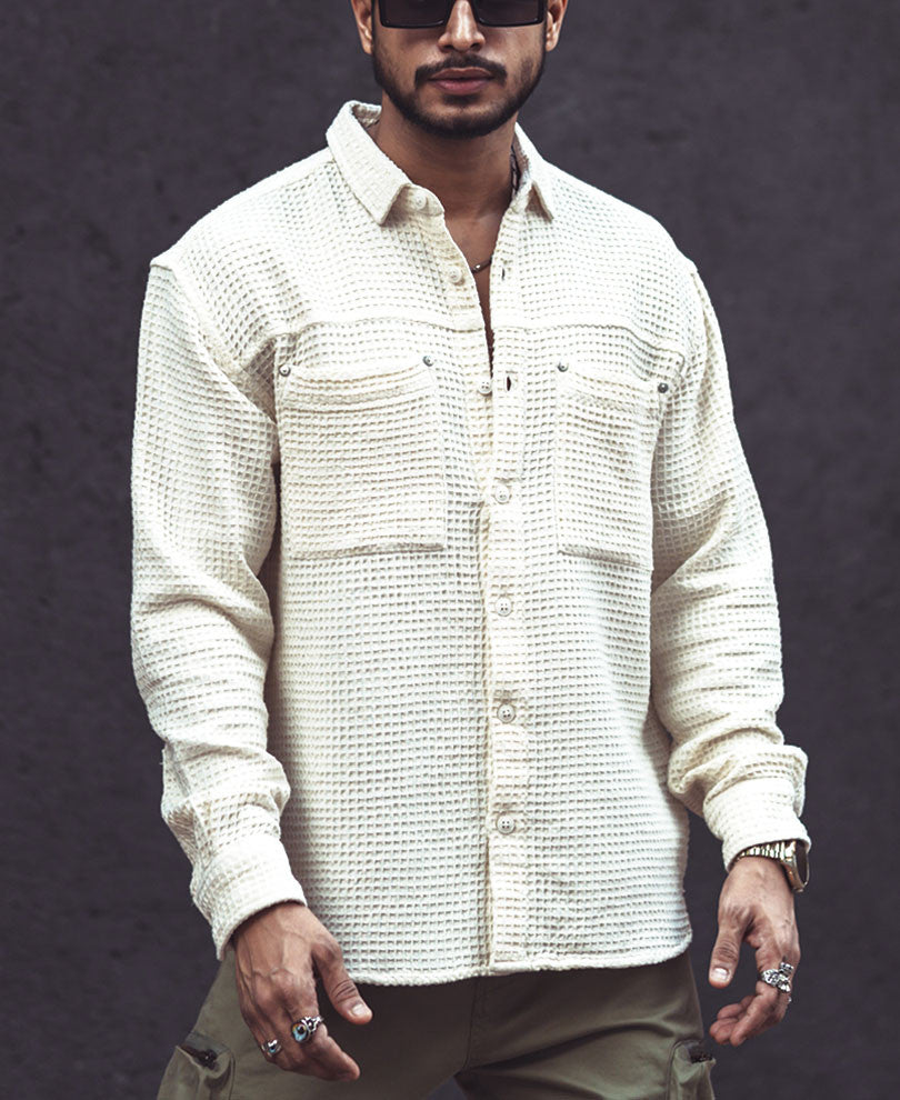 Off White Structured Oversized Full Sleeves Shirt