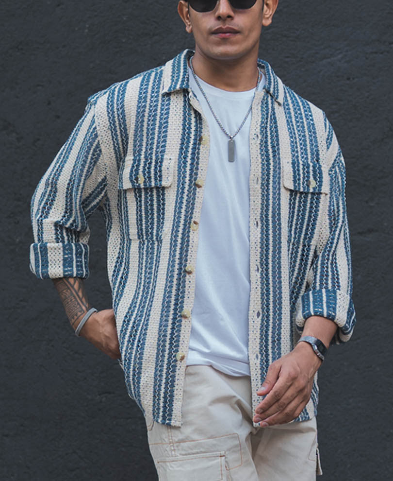 Blue and White Crochet Knit Striped Oversized Shirt