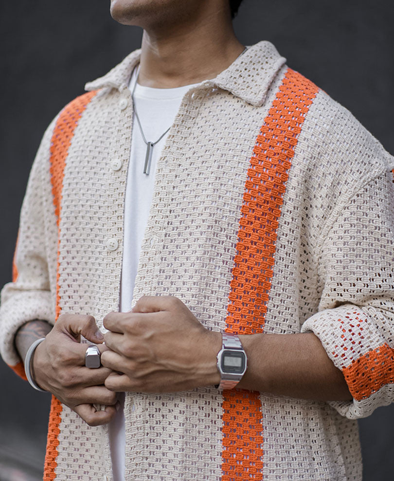 White and Orange Crochet Striped Oversized Shirt