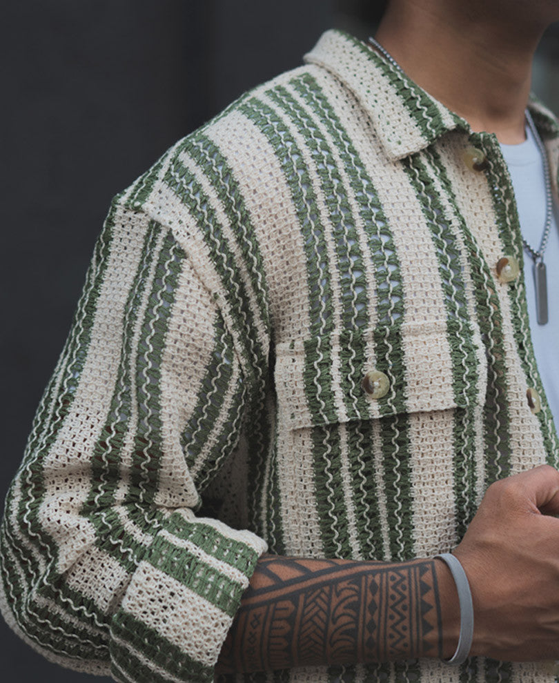 Off White and Green Crochet Striped Oversized Shirt