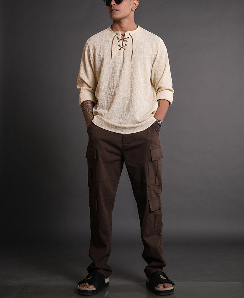Cream Structured Kurta Style Full Sleeves Shirt