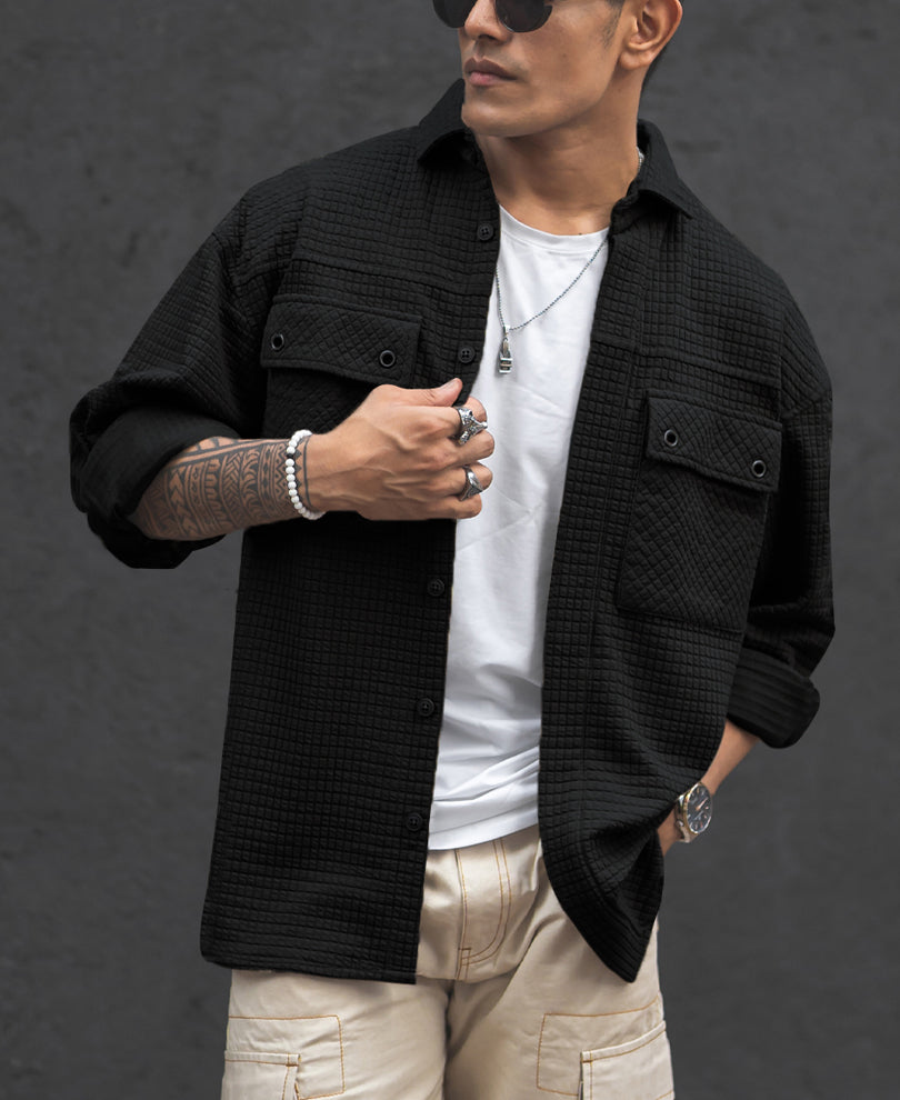 Black Structured Knit Full Sleeves Oversized Shirt