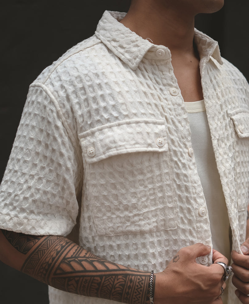 Off White Structured Puff Waffle Half Sleeves Shirt