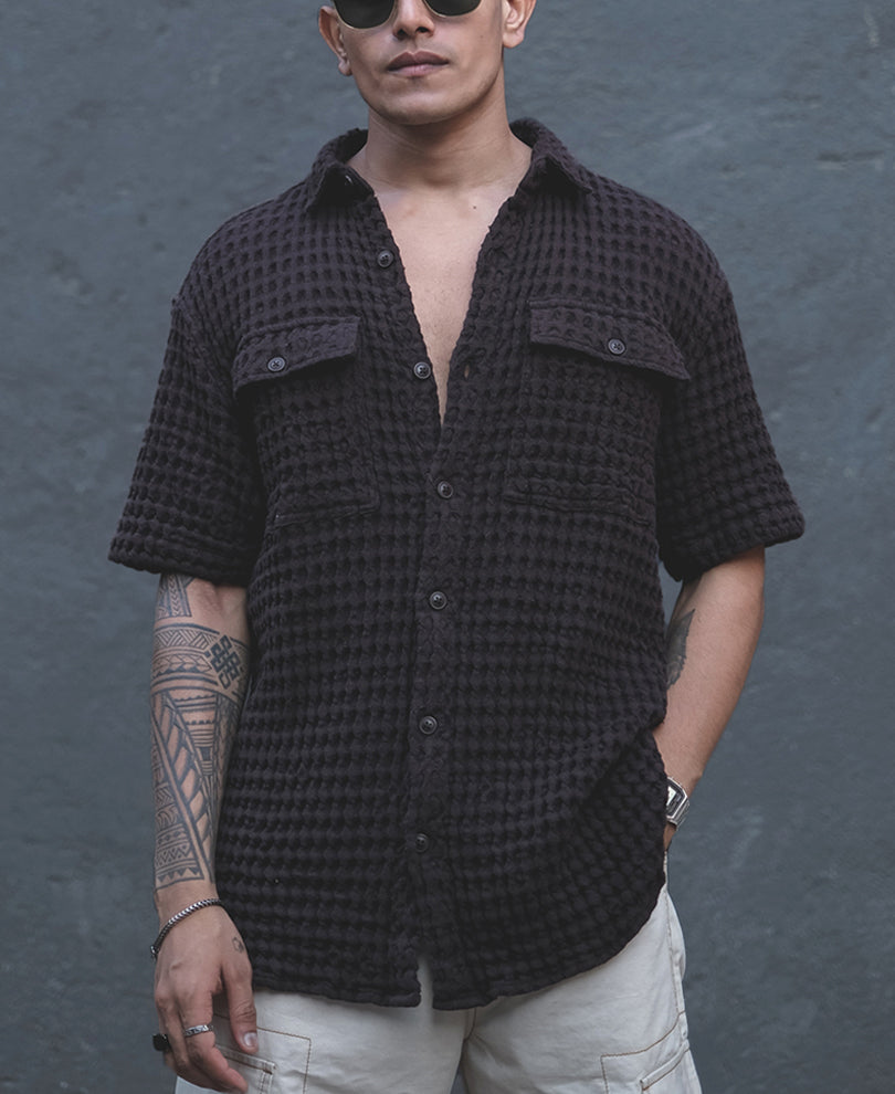 Dark Brown Structured Puff Waffle Half Sleeves Shirt