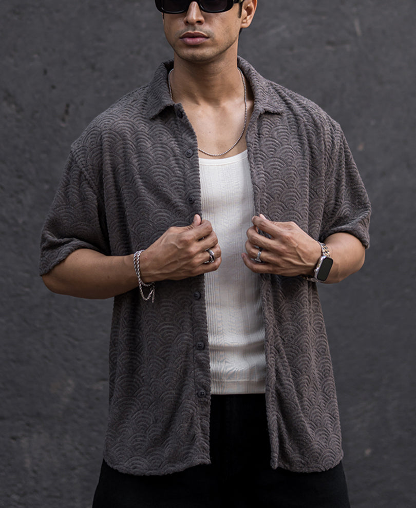 Grey Structured Jacquard Oversized Half Sleeves Shirt