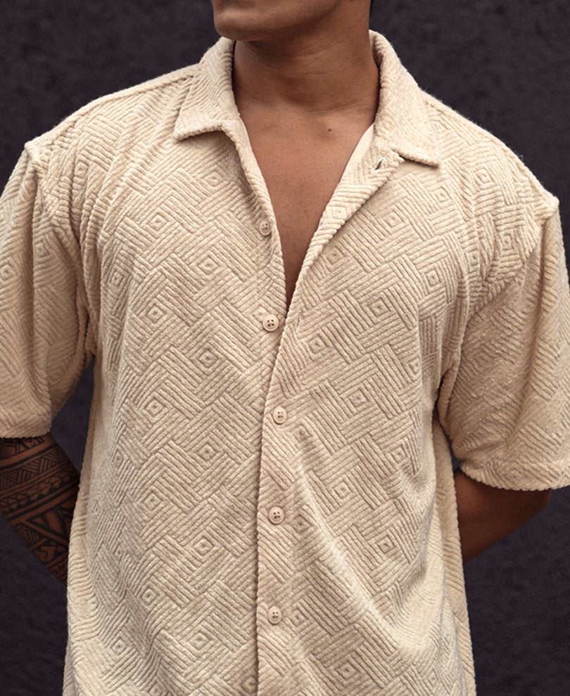 Cream Structured Jacquard Oversized Half Sleeves Shirt