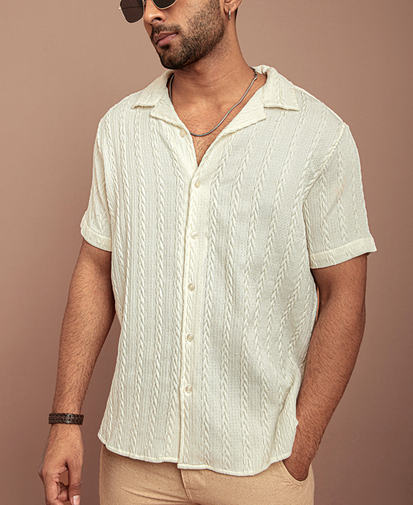 White Textured Half Sleeves Shirt