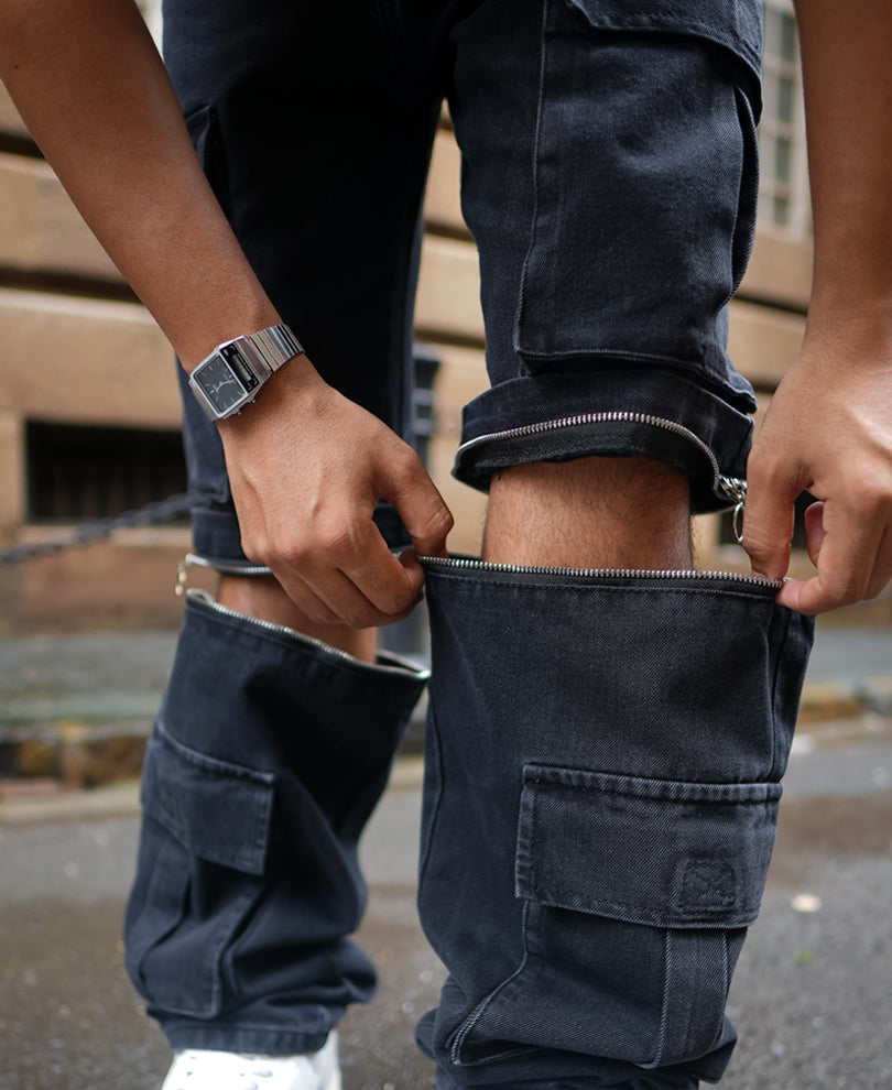 Black Baggy Fit Denim Cargo Jeans with Knee Zipper