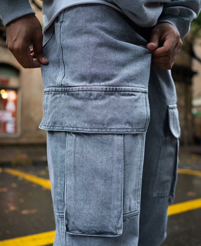 Charcoal Grey Baggy Fit Denim Jeans with Cargo Pockets