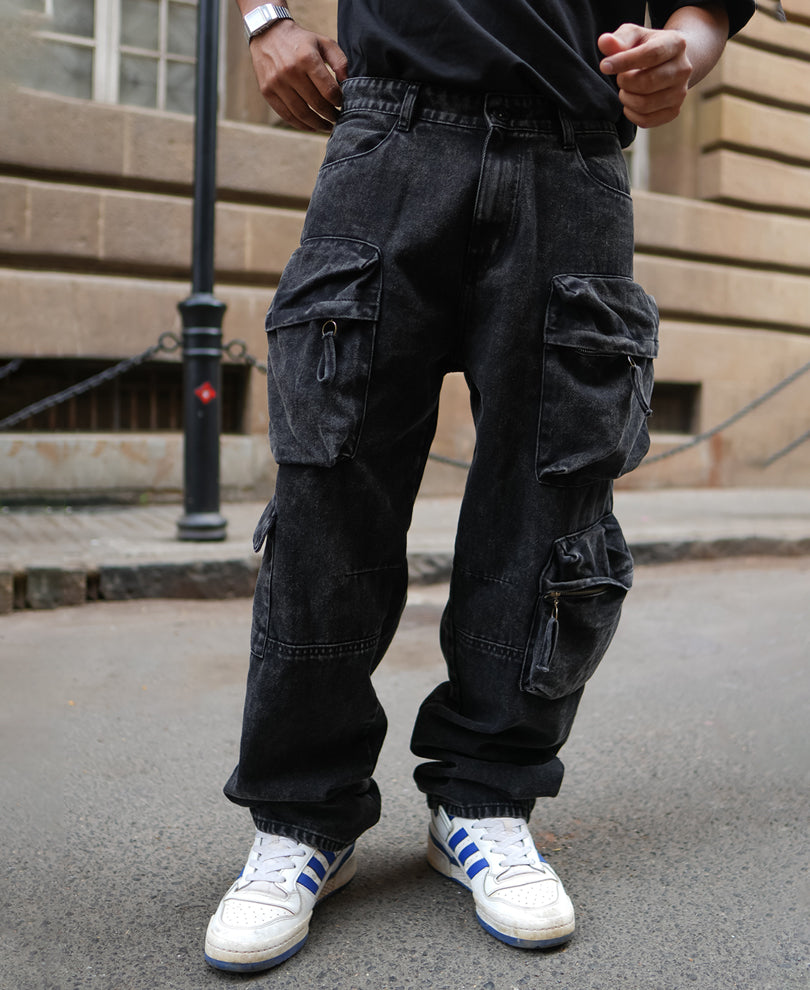 Black Denim Utility Cargo Baggy Fit Jeans