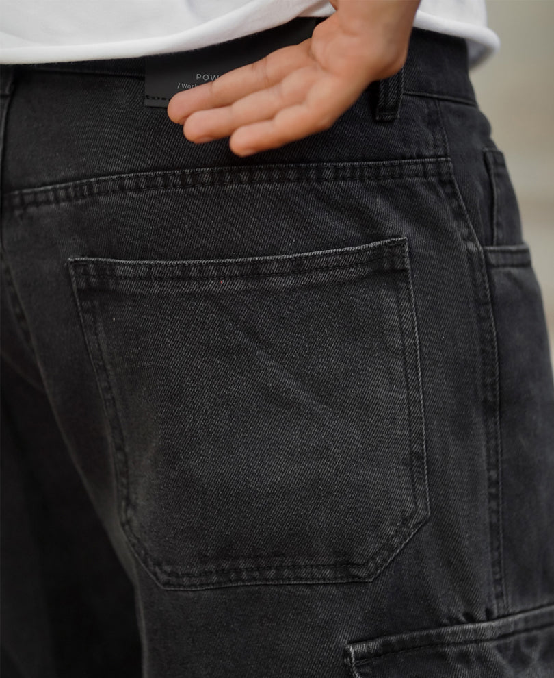 Dusty Black Baggy Fit Side Pocket Cargo Jeans